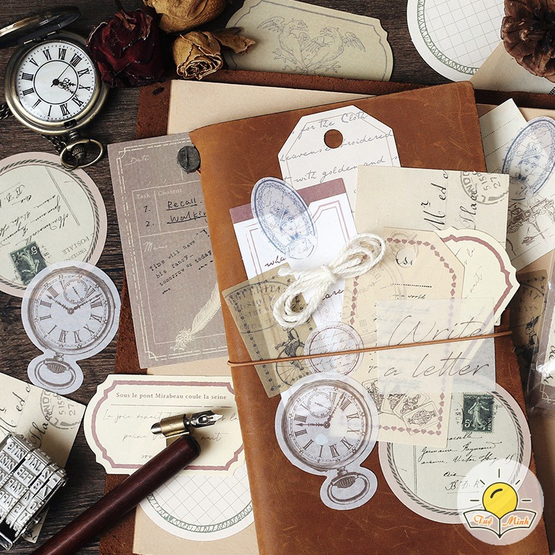 Bộ 30 nhãn tag sổ tay STI30 kèm hoa khô/ dây gai vintage, sticker trang trí bullet journal