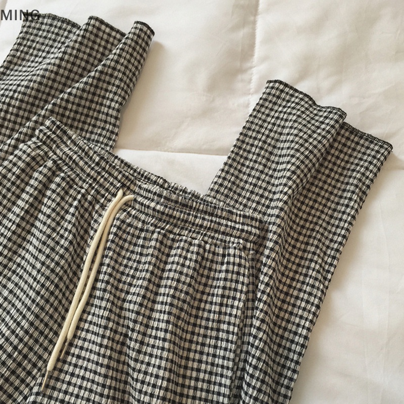 Quần Dài Lưng Cao Ống Rộng Họa Tiết Sọc Caro Thời Trang Cho Nữ