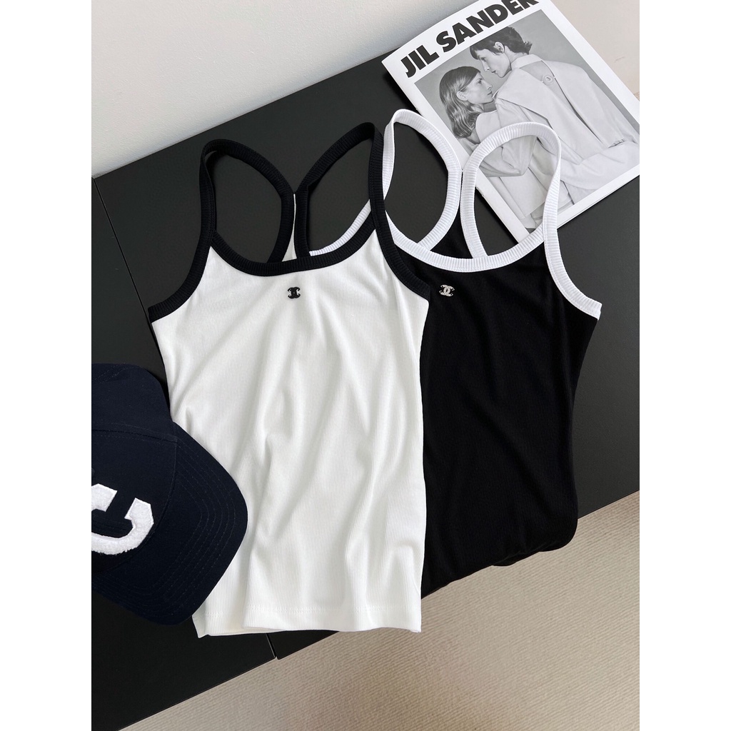 Jennie Áo Tank Top Co Giãn Có Gân Màu Trắng Đen Dành Cho Bạn Nữ