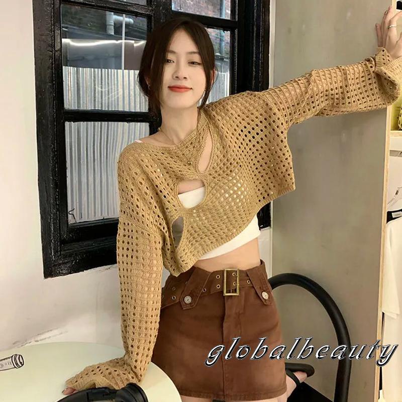 Áo Thun Dệt Kim Tay Dài Cổ Tròn Dáng Rộng Khoét Lỗ Thời Trang Cho Nữ