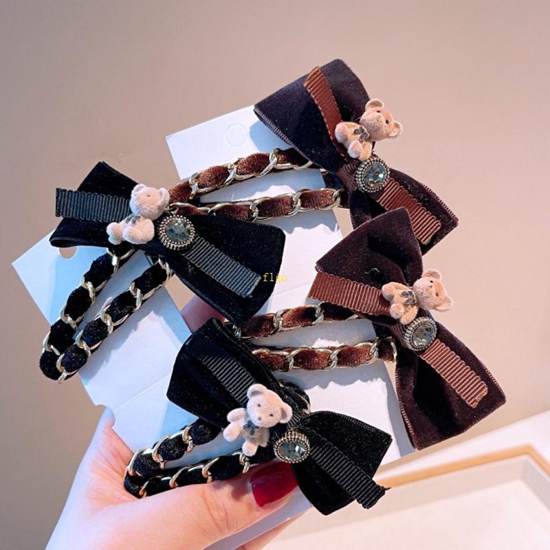 Kẹp Tóc Hình Gấu Phối Chuỗi Xích Bằng Nhung Handmade Chống Trượt Thời Trang