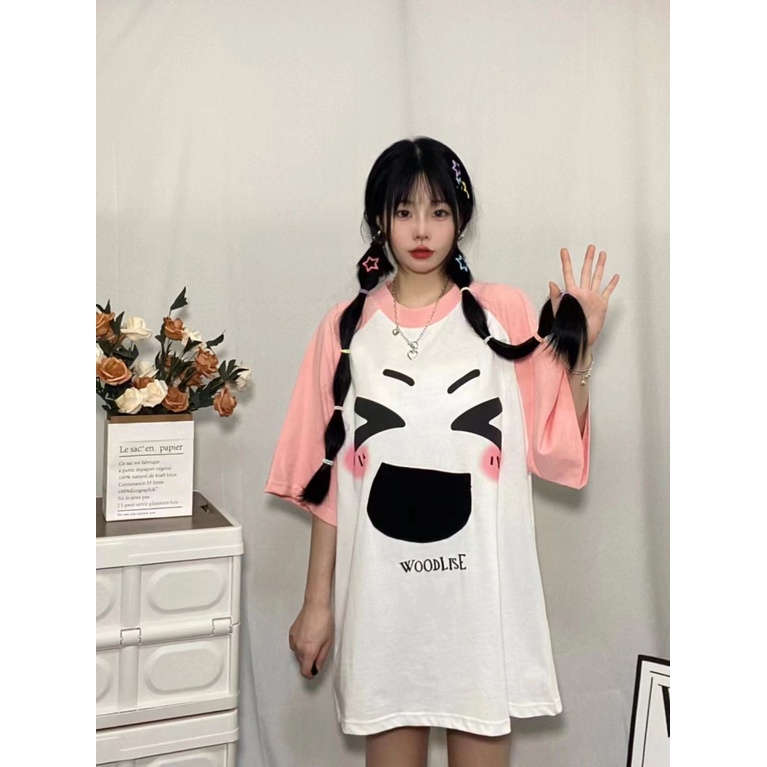 Áo Thun Raglan Tay Ngắn In Họa Tiết Biểu Tượng Cảm Xúc Nặng Gram Dễ Thương Thời Trang Mùa Hè Cho Nữ