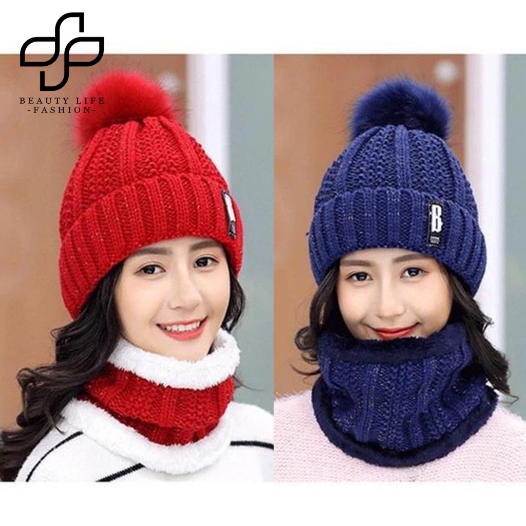 Mũ beanie Trùm Đầu Kèm Quả Cầu Bông Xinh Xắn Cho Nữ