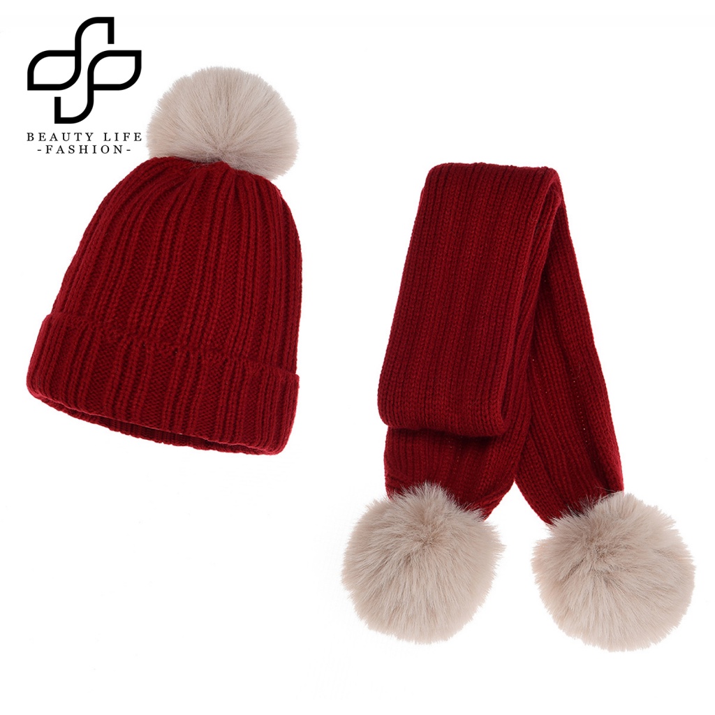 Set Mũ Len + Khăn Choàng Cổ Đính Quả Bông Cho Bé