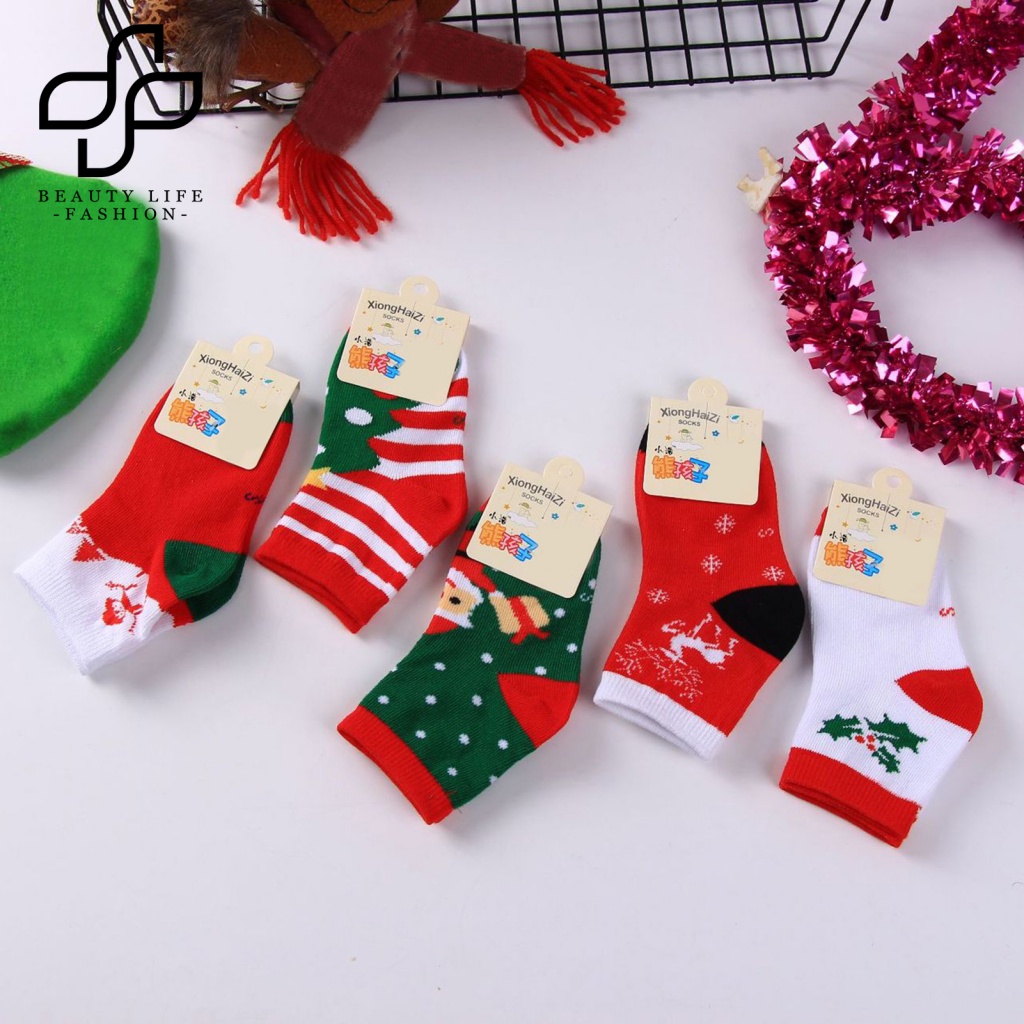 Bộ 5 Đôi Vớ Co Giãn Chống Mòn In Họa Tiết Giáng Sinh Cho Bé Trai Và Gái