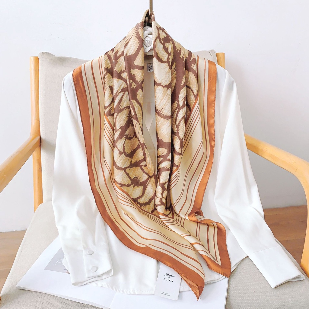 Khăn Choàng Lụa Mỏng Hình Vuông 90 * 90cm In Họa Tiết Hoa Trà Đen Trắng Thời Trang Mùa Hè Cho Nữ