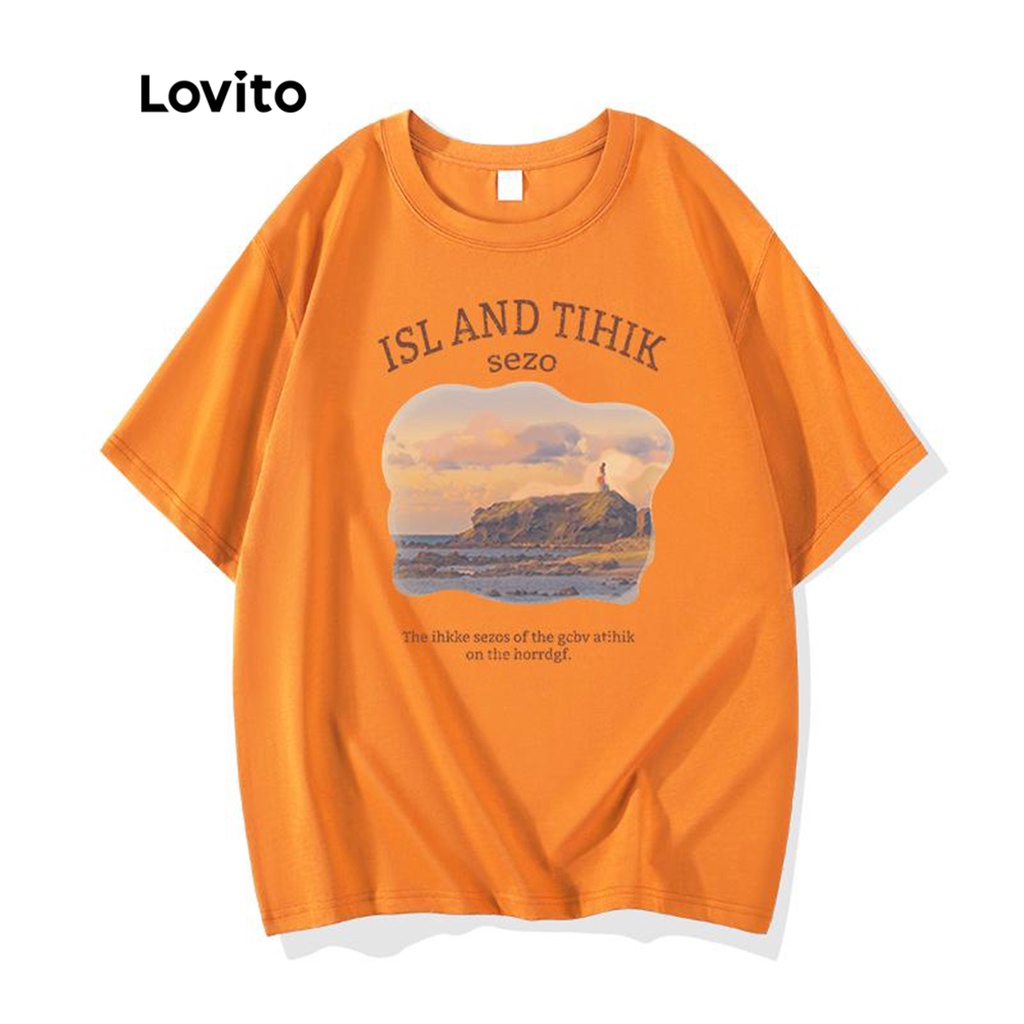 Lovito Áo thun ngắn tay cổ tròn in họa tiết phong cảnh giản dị cho nữ LNA10159 (Quả cam)