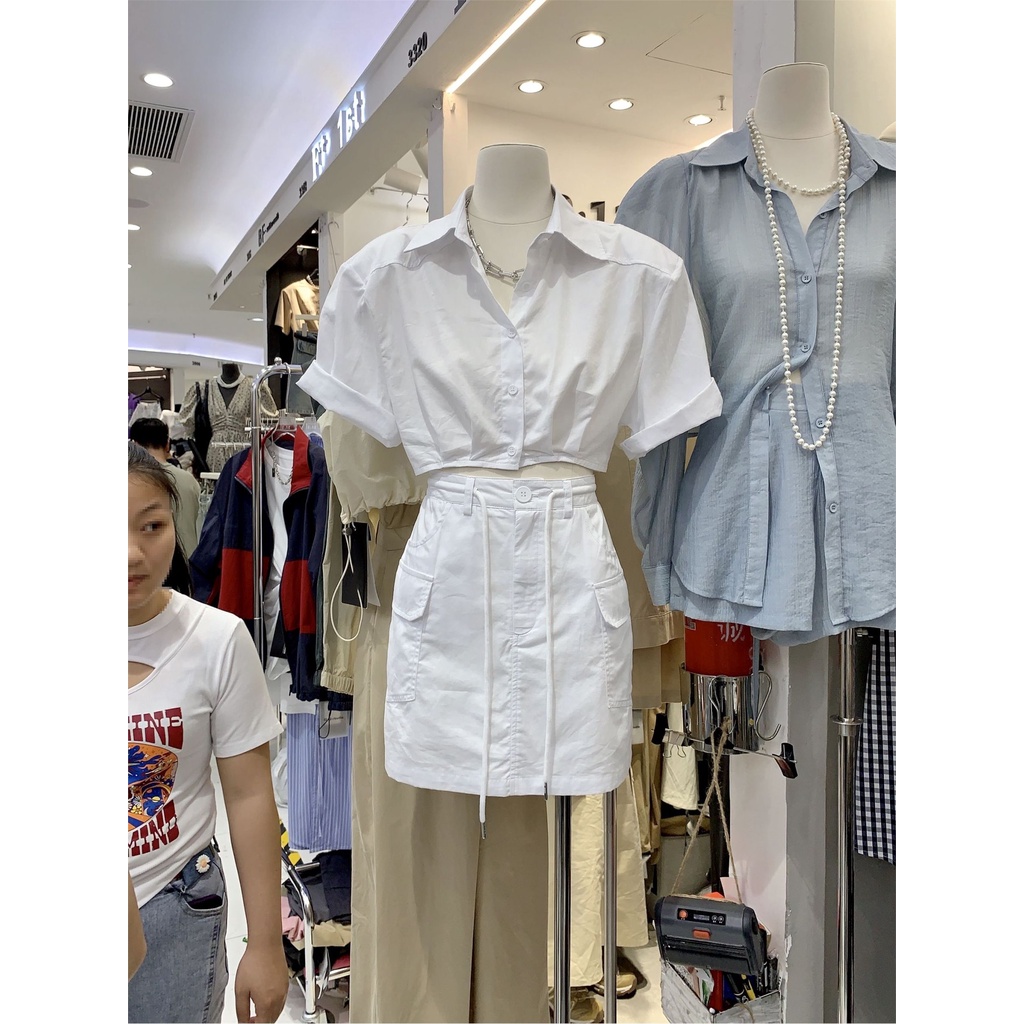 Bộ Áo Sơ Mi POLO Ngắn Tay + Chân Váy Chữ A Lưng Cao Thời Trang Retro Đơn Giản Cá Tính Cho Nữ Mùa Hè 2023