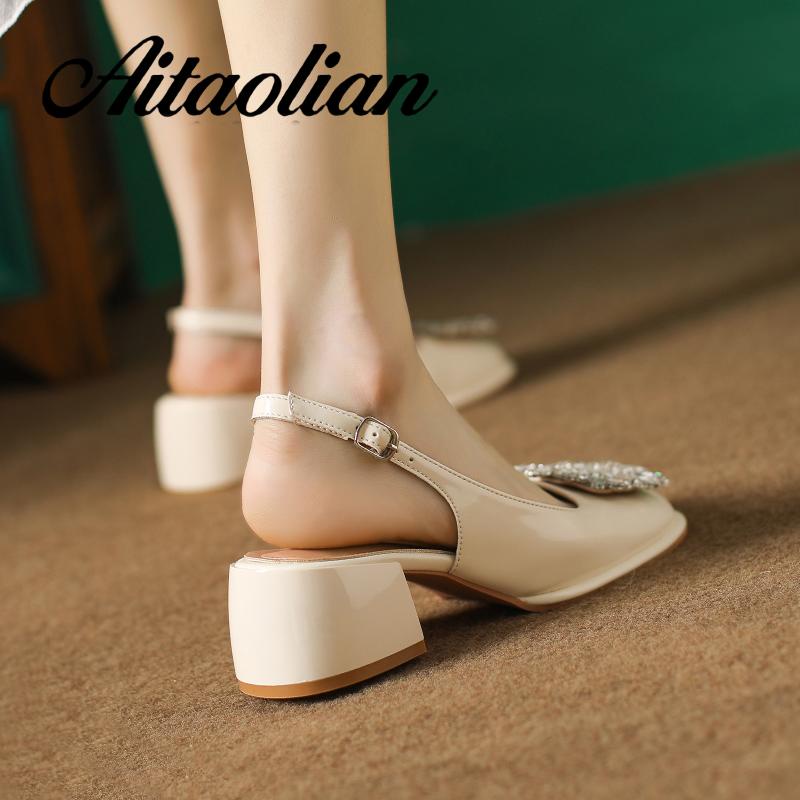 Xăng đan Cao Gót 5cm Bằng Da Mềm Mũi Vuông Màu Trơn Thời Trang Cho Nữ