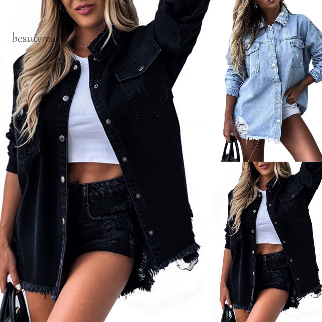 Áo Khoác Denim Rách Màu Trơn Thời Trang Thu Đông Đường Phố beautymartm1