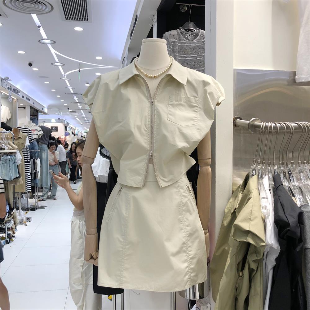 Set Chân Váy Lưng Cao + Áo Sơ Mi Sát Nách Dáng Chữ A Có Khóa Kéo Thời Trang Mùa Hè Cho Nữ