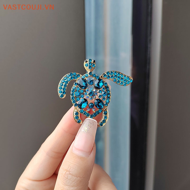 Ghim Cài Áo Hình Rùa Biển Đính Đá Pha Lê Xanh Dương Phong Cách Vintage Cho Nữ