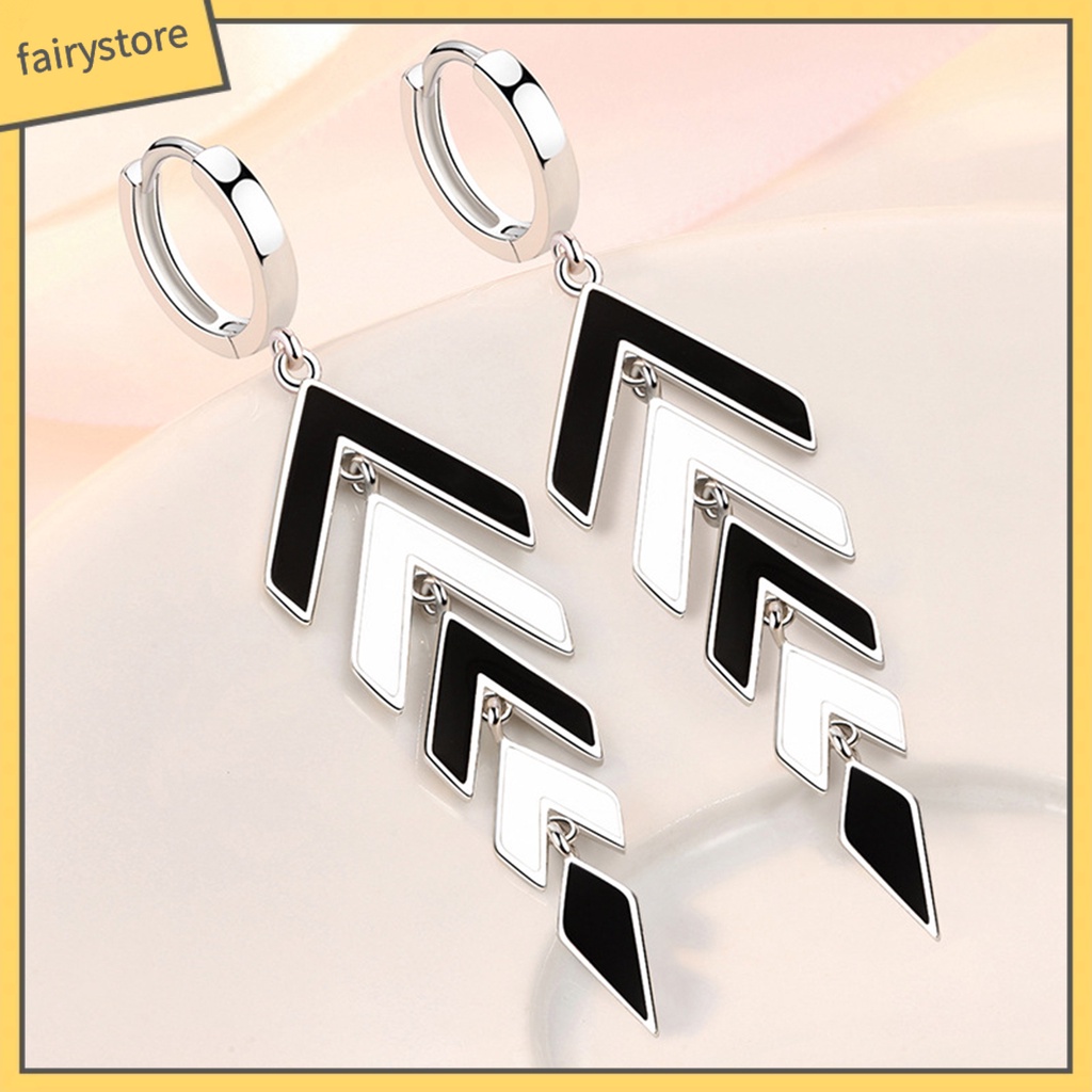 1 Đôi Bông Tai Hình Học Dáng Dài Màu Trắng Đen Phong Cách Retro