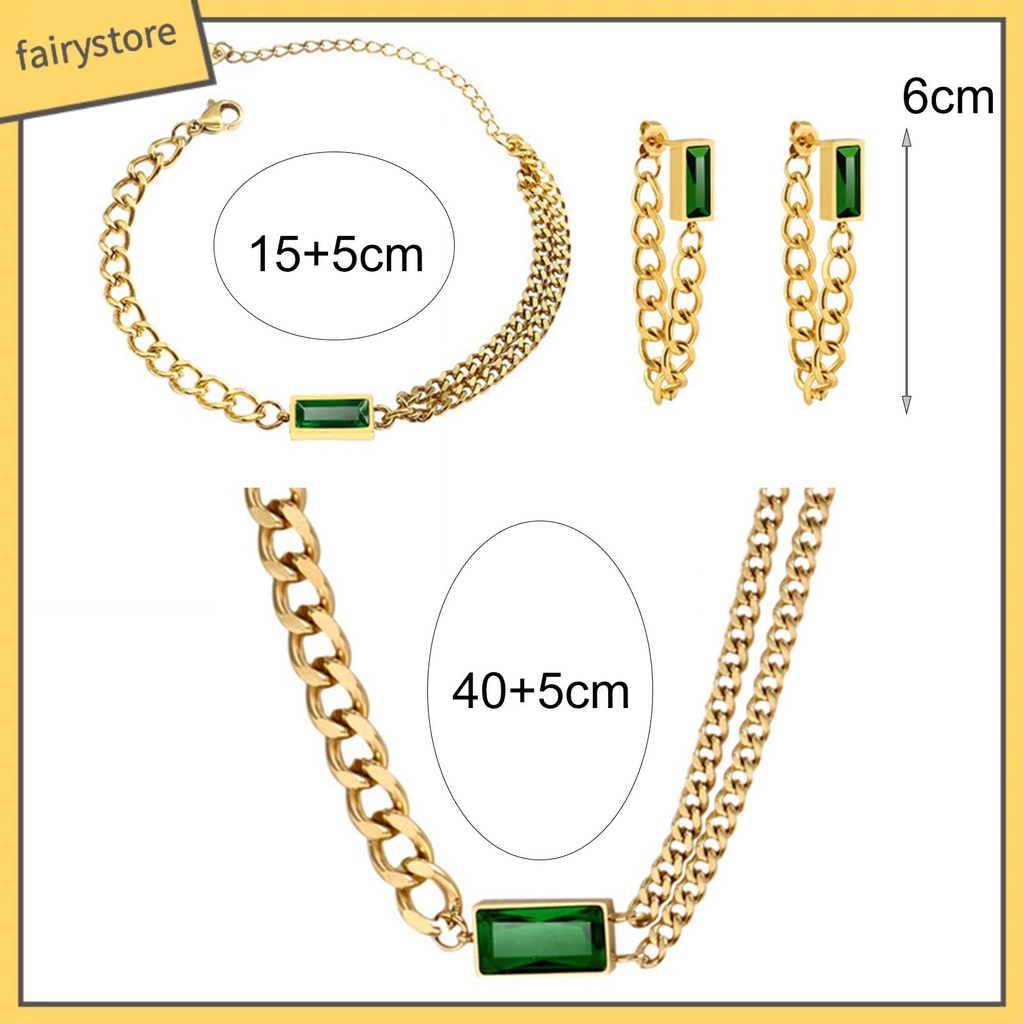 [FRO] Bộ Trang Sức Vòng cổ / Bông Tai / Vòng Tay Mặt Vuông Đính Đá Zircon Vintage Cho Nữ