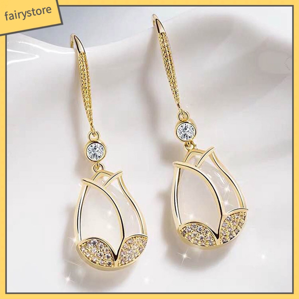 [FRO] 1 Đôi Bông Tai Mặt Hoa Tulip Đính Đá Zircon Cao Cấp Không Gây Dị Ứng Trang Phục Hóa Trang Dành Cho Nữ