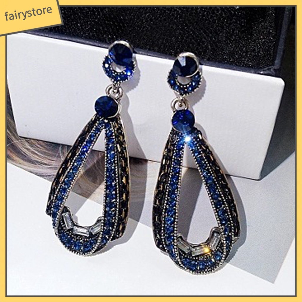 [FRO] Bông Tai Giọt Nước Đính Đá Xanh Lam Hình Giọt Nước Phong Cách Vintage Công Sở