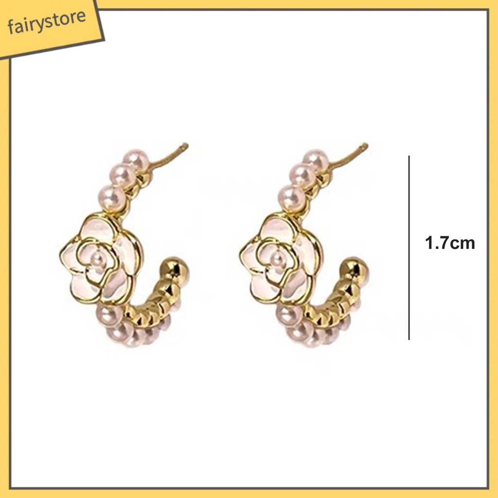 [FRO] 1 Đôi Bông Tai Tròn Đính Hoa Trà Phong Cách Pháp Thanh Lịch Không Phai Màu Trang Trí Ngọc Trai Giả