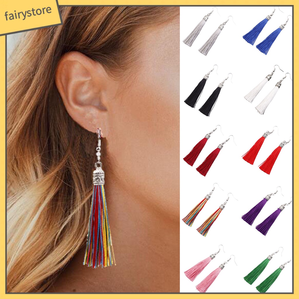 1 Đôi Bông Tai Thiết Kế Móc Tua Rua Phong Cách Bohemian