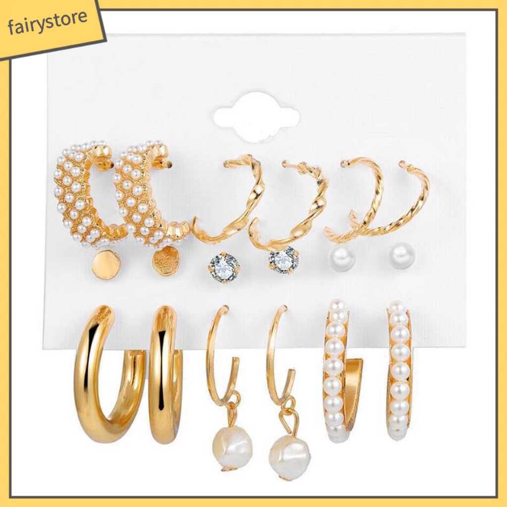 Set 9 Đôi Bông Tai Hợp Kim Dạng Vòng Đính Ngọc Trai Giả Thanh Lịch Cho Nữ