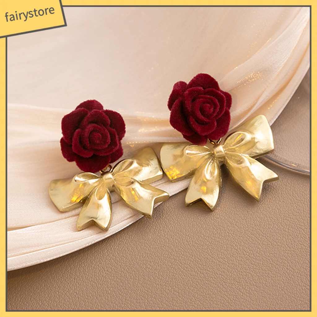 [FRO] 1 Đôi Bông Tai Thả Mạ Bạc Họa Tiết Hoa Hồng / Nơ Dáng Dài Lãng Mạn Cao Cấp