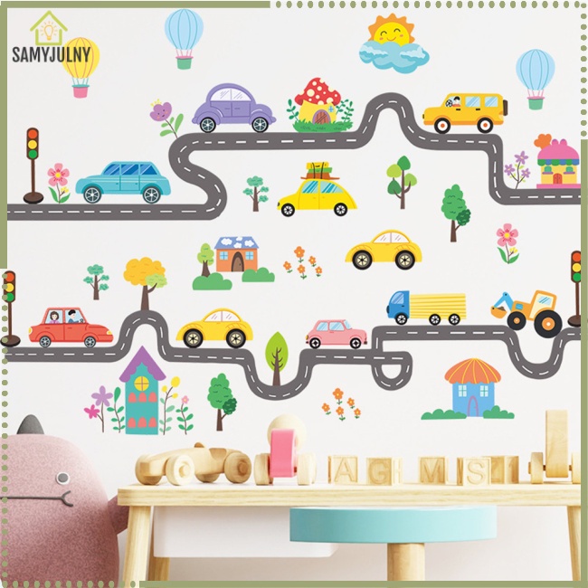Set 2 Tấm Sticker Dán Tường Tự Dính Họa Tiết Đường Ray Xe Hơi Hoạt Hình Trang Trí Phòng Ngủ Cho Bé