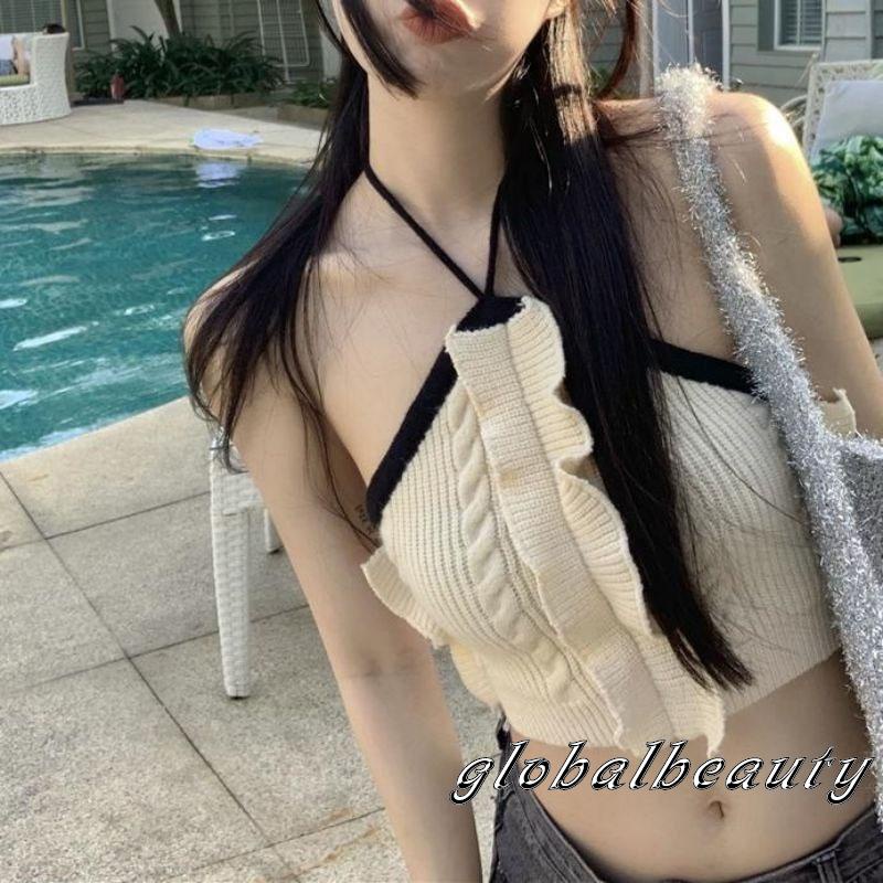 Gb-áo Tank Top Dệt Kim Không Tay Hở Lưng Phối Màu Tương Phản Phong Cách Thoải Mái Cho Nữ