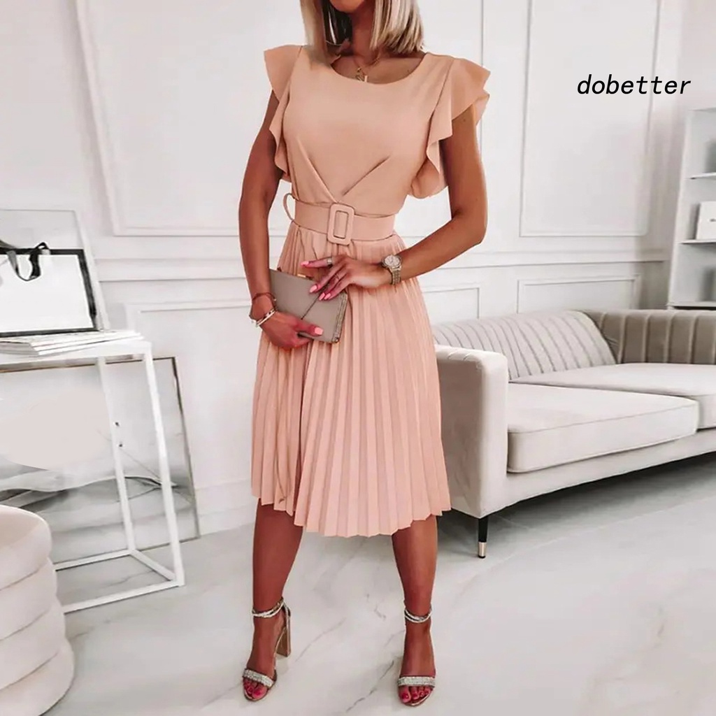 Đầm Midi Tay Ngắn Cổ Tròn Màu Trơn Thời Trang Mùa Hè Xinh Xắn Cho Nữ