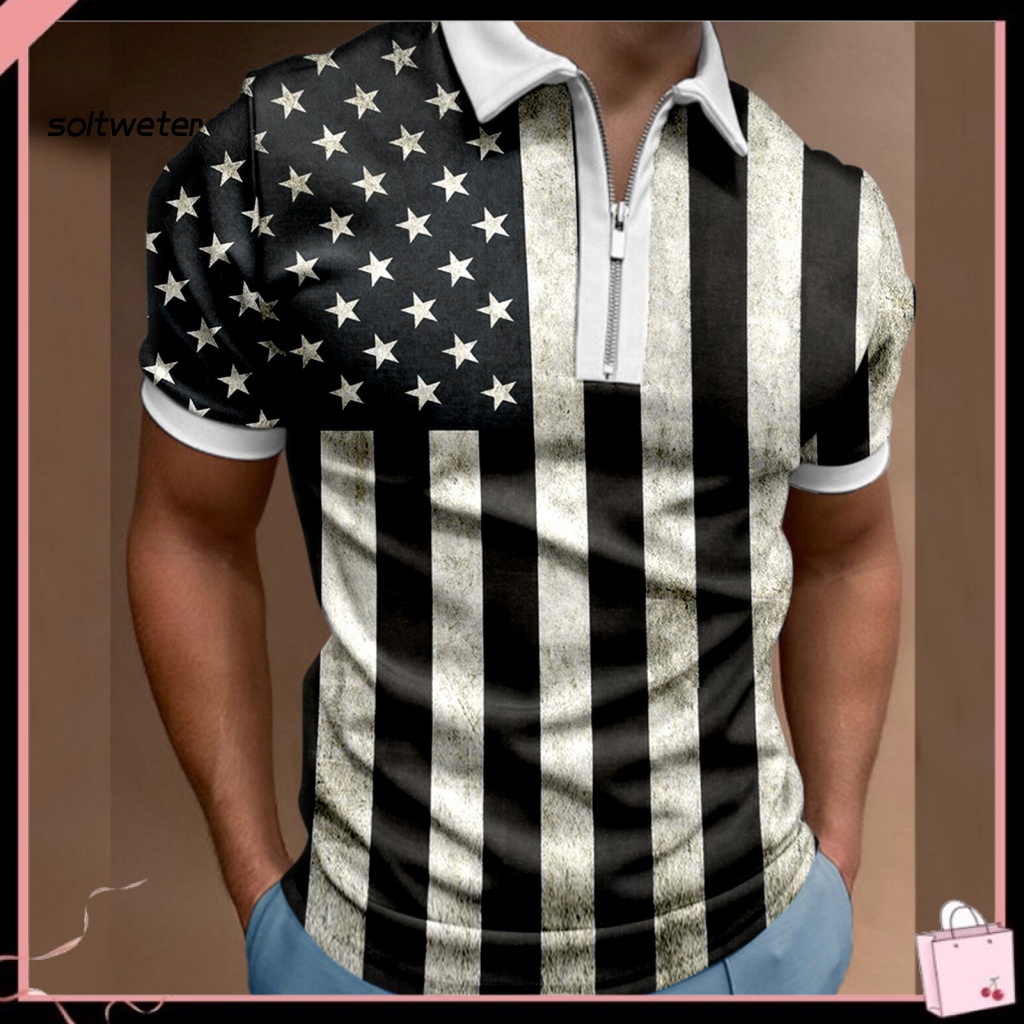 Áo Thun Tay Ngắn Cổ Bẻ In Hình Cờ Mỹ Phối Khóa Kéo Thời Trang Đường Phố Cá Tính Cho Nam