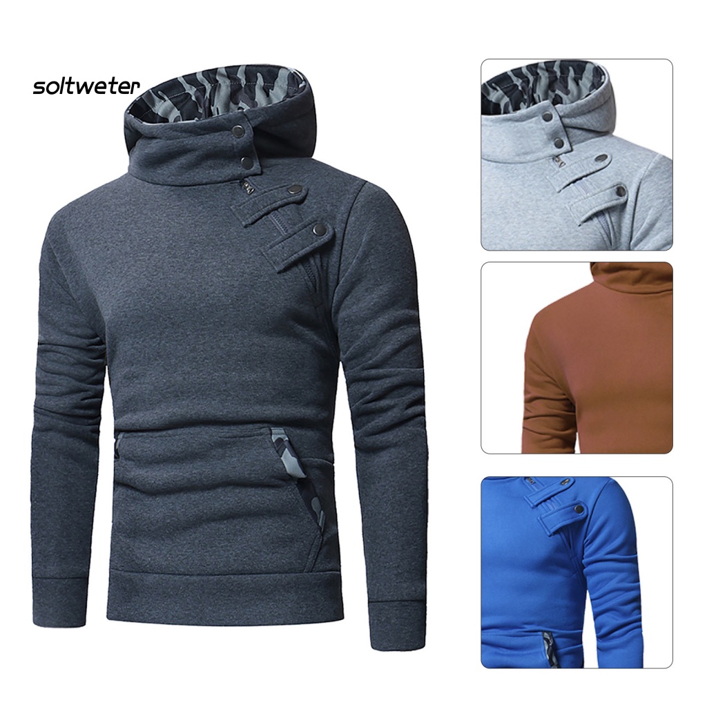 Áo Khoác Hoodie Cổ Đứng Chui Đầu Phối Túi Lớn Họa Tiết Rằn Ri Phối Khóa Kéo Cá Tính Cho Nam