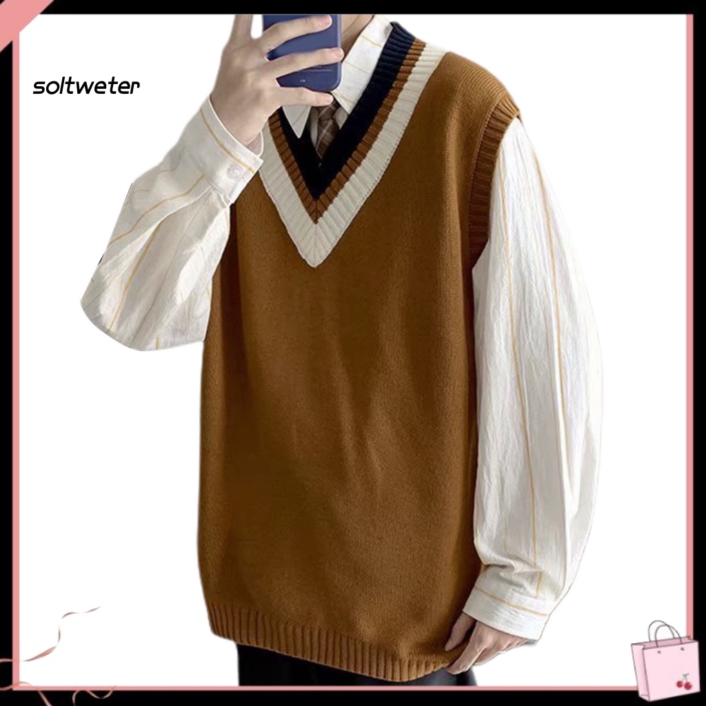 St Áo Ghi Lê Dệt Kim Cổ Chữ V Màu Tương Phản Phong Cách Preppy Mùa Xuân Cho Học Sinh