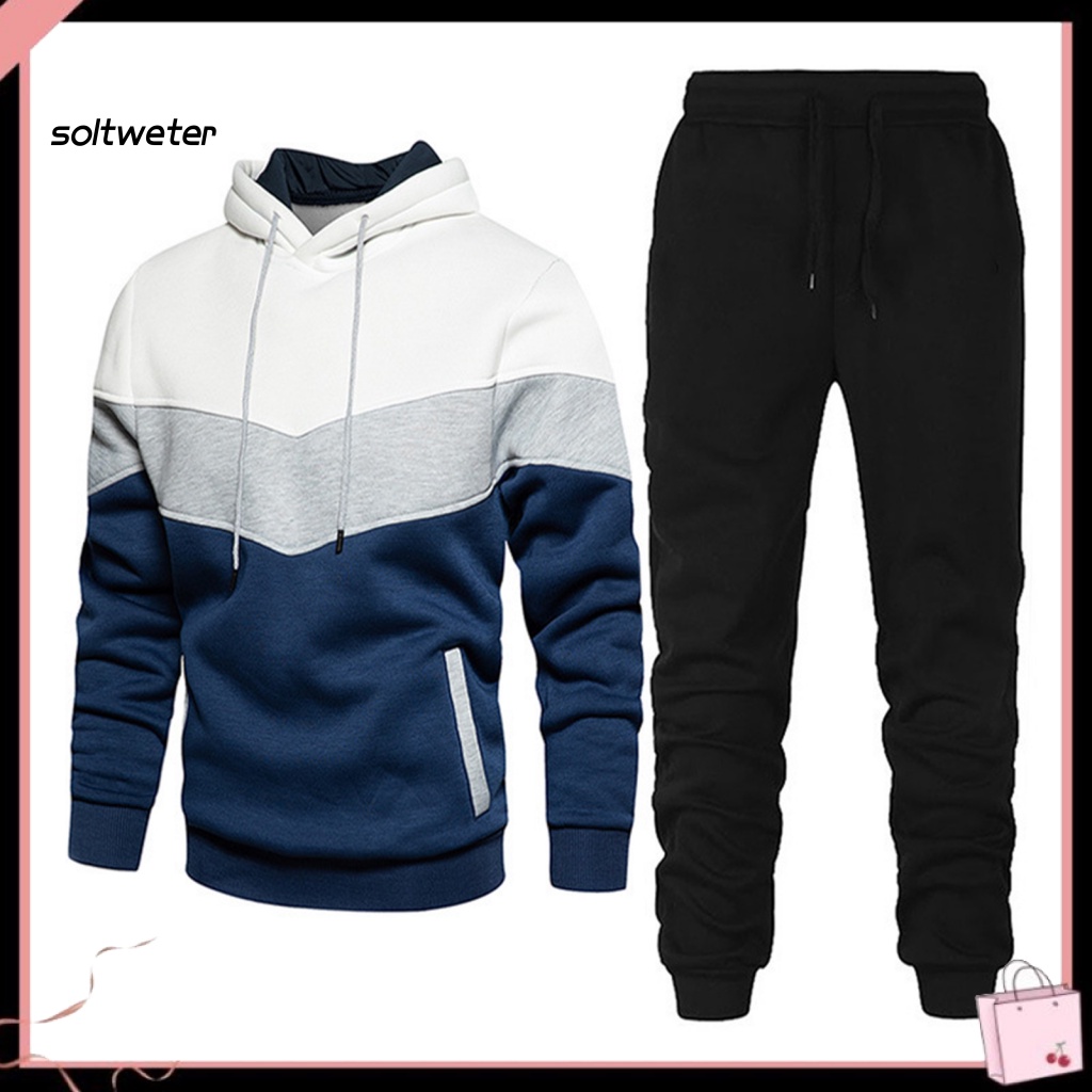 Set Áo Hoodie Dài Tay + Quần Dài Lưng Thun Phối Màu Sắc Thời Trang Đường Phố Cho Nam