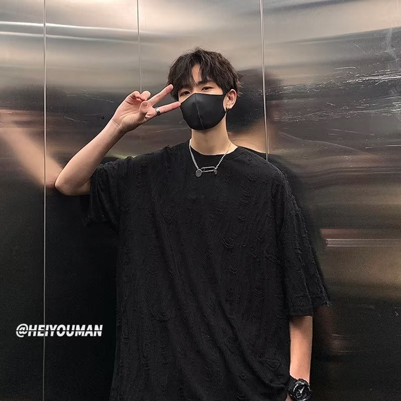 Áo Thun Cotton Tay Ngắn Dáng Rộng Phối Rách Kiểu Đường Phố Mỹ Thời Trang Mùa Hè Cho Nam