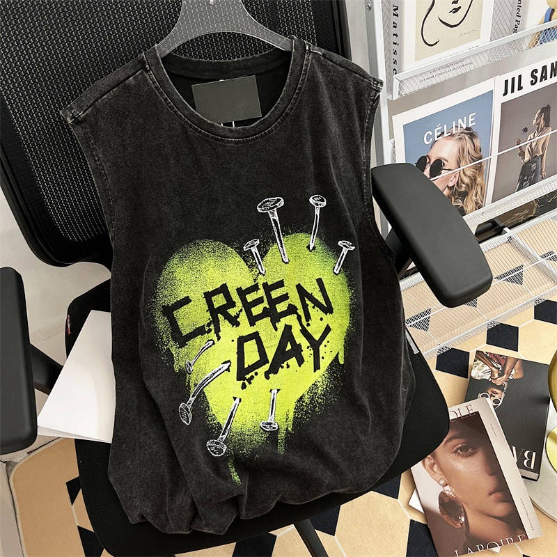European and American Fashion Brand High Street Loose Casual Retro Washed Old Vest Men's Fitness Basketball Sports Pure Cotton Sleeveless Shirt I7ef