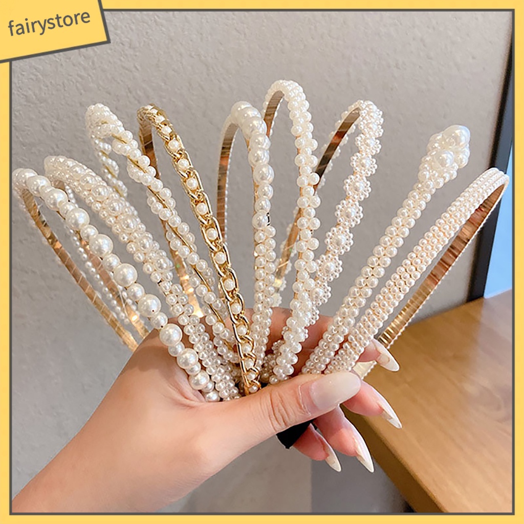 Băng Đô Cài Tóc Đính Ngọc Trai Nhân Tạo Màu Trơn Co Giãn Chống Trượt Trọng Lượng Nhẹ