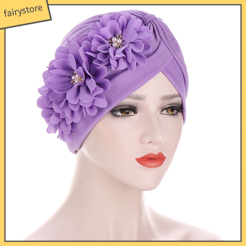 Mũ Turban Trùm Đầu Co Giãn Thiết Kế Ba Bông Hoa Thời Trang