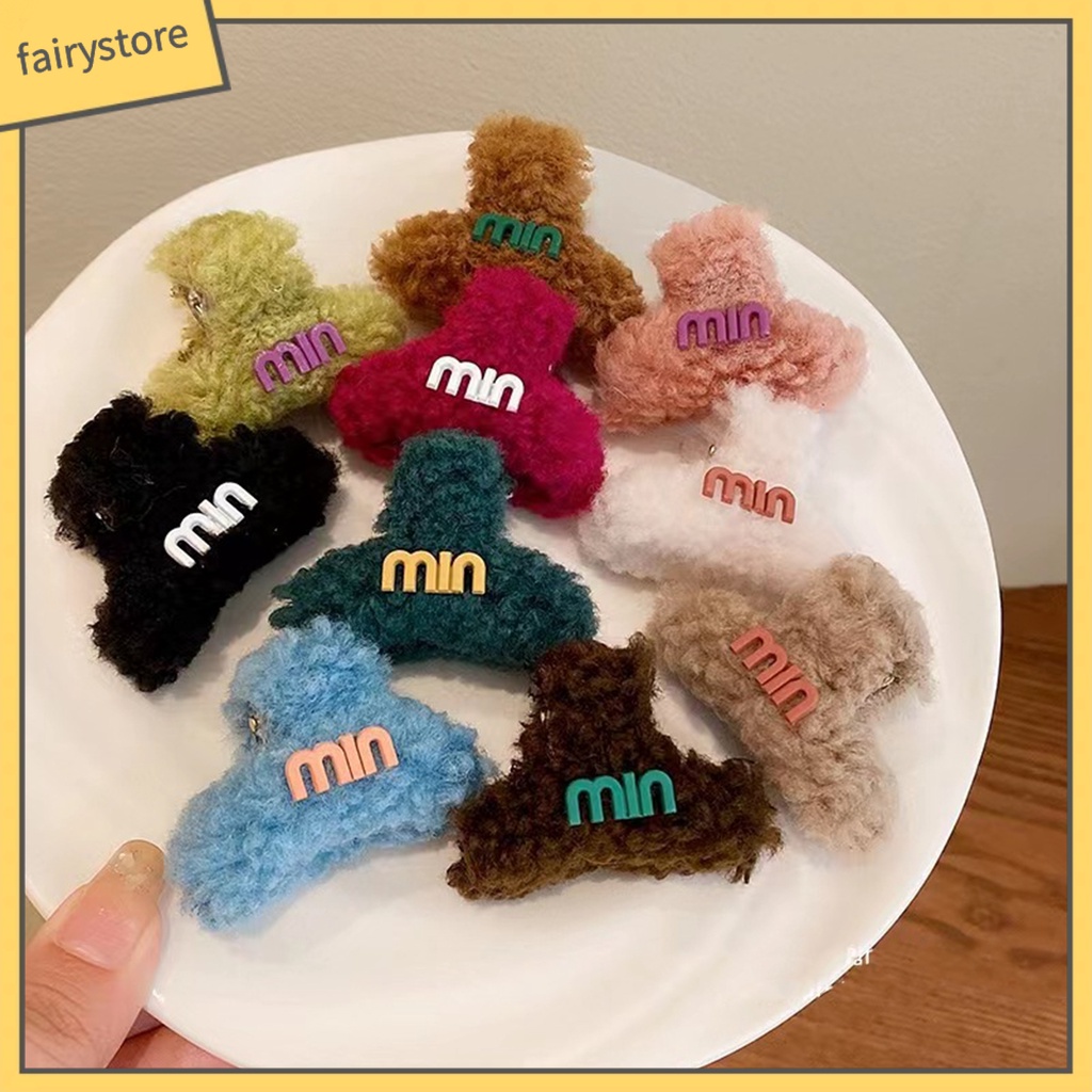 Kẹp Tóc Lông Nhung Mềm Màu Trơn In Chữ Phong Cách Hàn Quốc