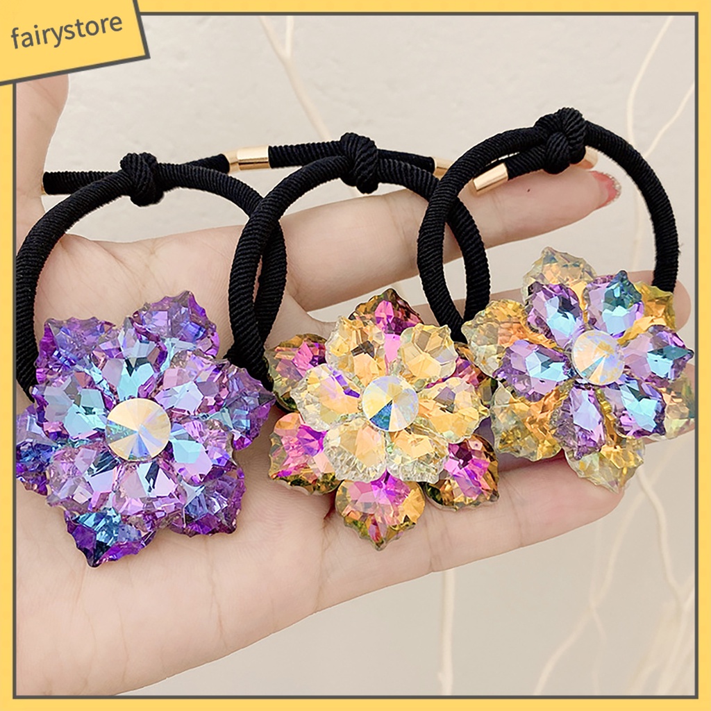 Dây Buộc Tóc Cao Su Co Giãn Đính Pha Lê Giả Màu Đen Ngọt Ngào Cho Nữ