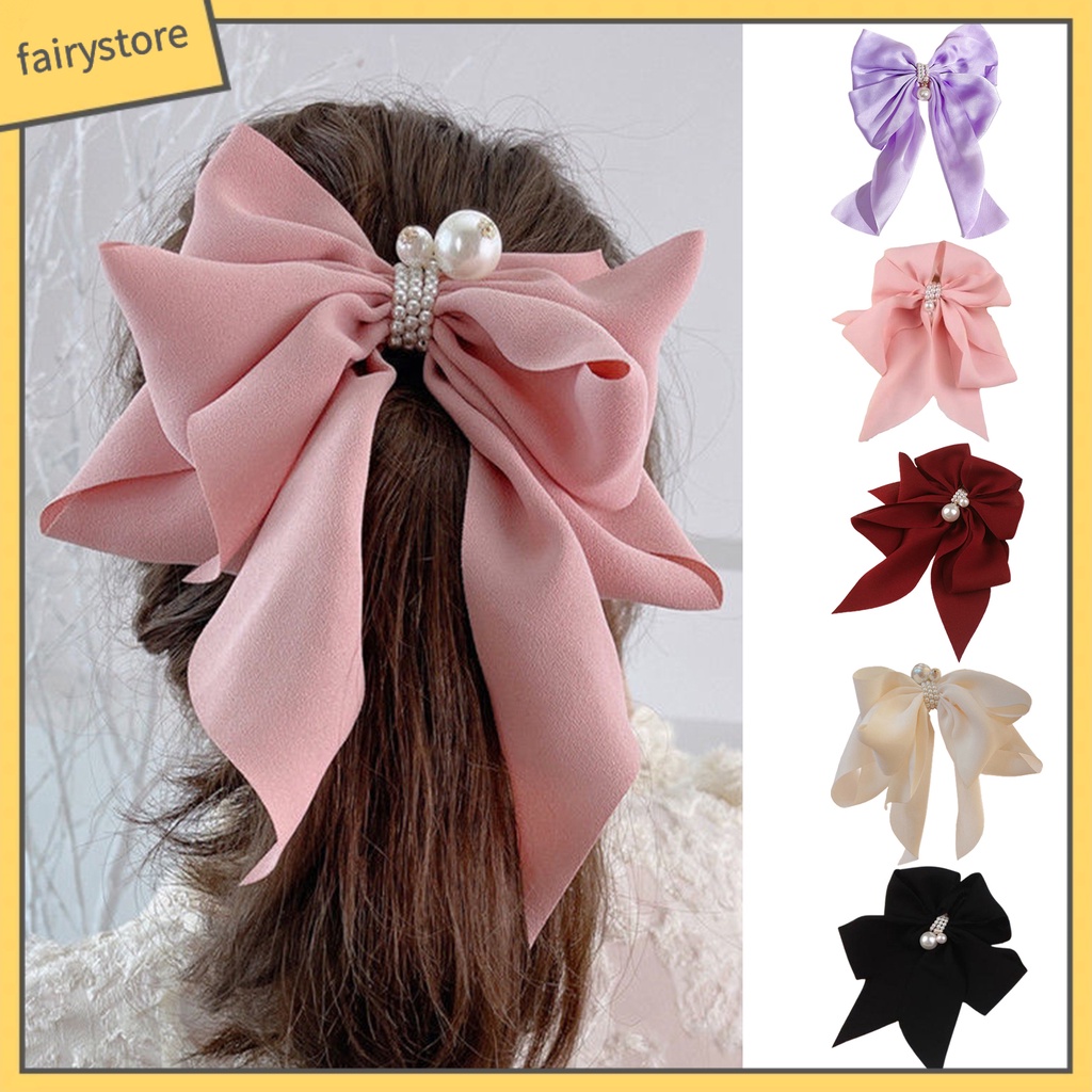 Kẹp Tóc Hình Nơ Lớn Đính Ngọc Trai Giả Màu Trơn Chống Trượt Thanh Lịch Dành Cho Nữ