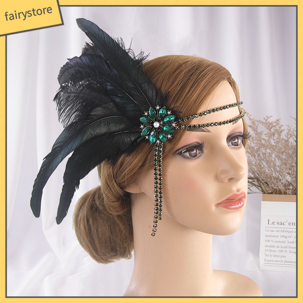Băng Đô Cài Tóc Đính Đá Nhân Tạo Phối Lông Công Thời Trang