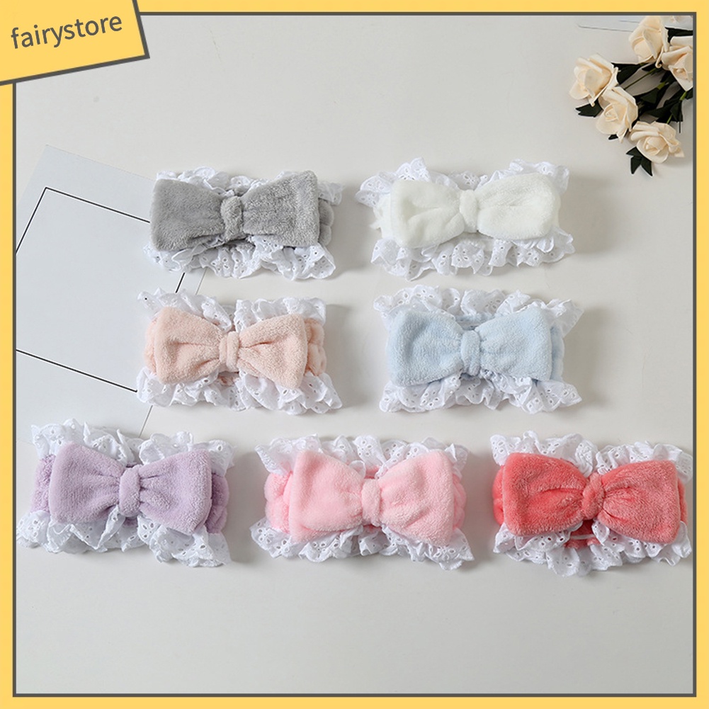 Băng Đô Rửa Mặt Trang Điểm Bằng Lông Cừu San Hô Co Giãn Cột Nơ Phối Ren Cho Nữ