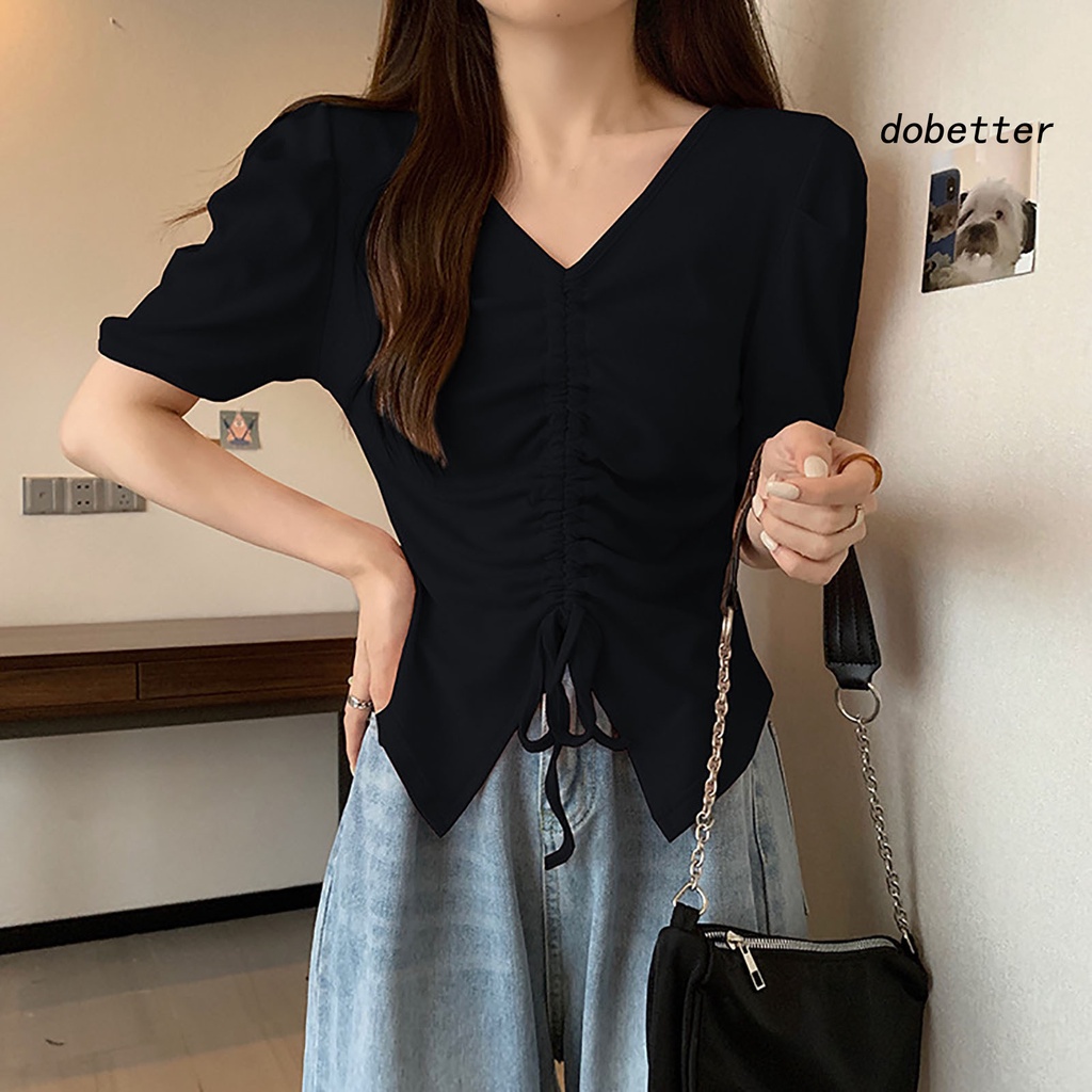 Áo Thun Tay Ngắn Cổ Chữ V Màu Trơn Phối Dây Rút Thời Trang Mùa Hè Cho Nữ