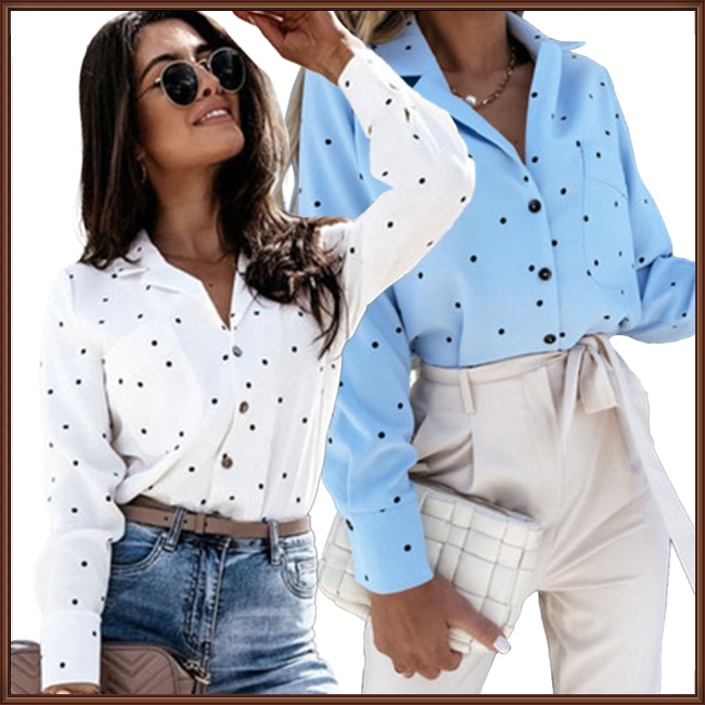 Áo Sơ Mi Dài Tay Họa Tiết Chấm Bi Thanh Lịch Cho Nữ
