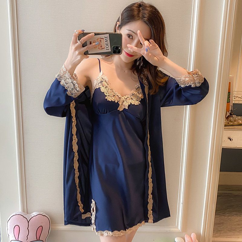 Bộ Đồ Ngủ Hai Dây Bằng Lụa Mát Màu Trơn Phối Ren Gợi Cảm Thời Trang Xuân Thu Hàng Mới 2023 Dành Cho Bạn Nữ