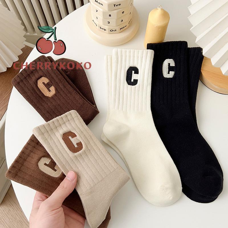 🍒🍒CHERRYKOKO Tất Cổ Cao Nữ Họa Tiết Chữ C, Vỡ Cổ Cao Họa Tiết Chữ C Vải Cotton Mềm Mịn