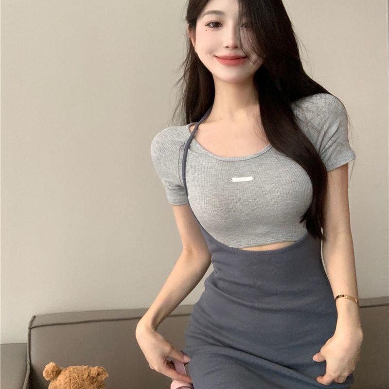 Đầm Ngắn Tay Giả Hai Mảnh Hở Eo Thời Trang Dành Cho Nữ