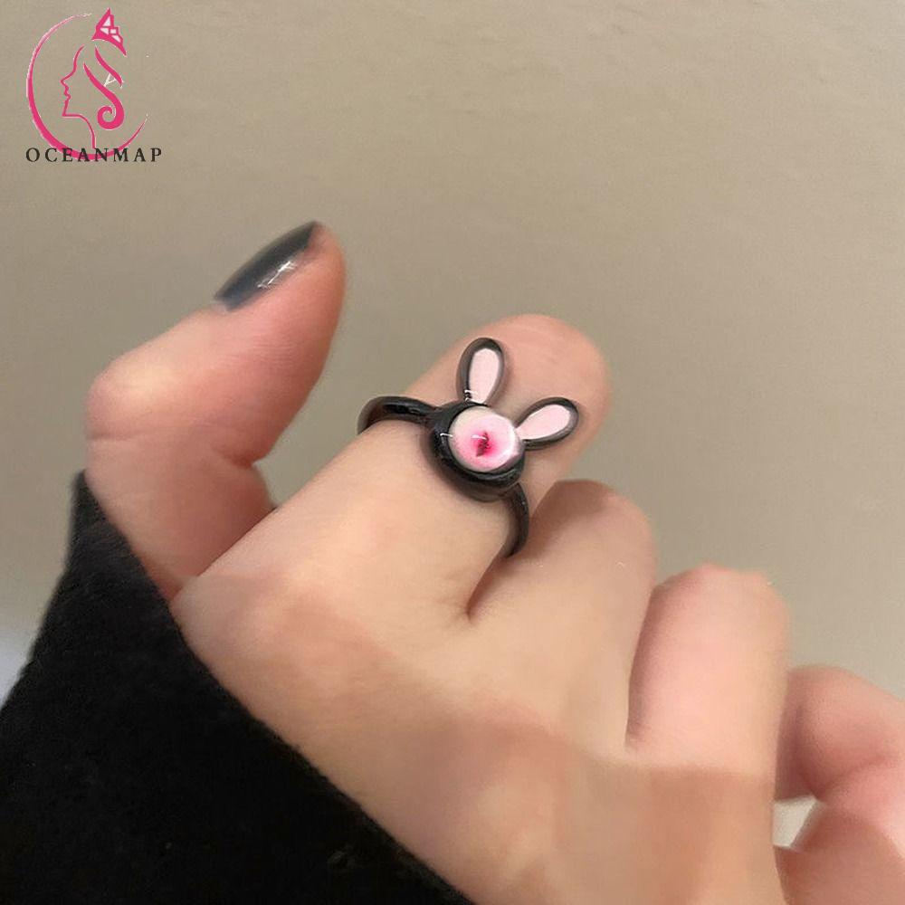 OCEANMAP Nhẫn Hở Hình Mèo Đen Bằng Hợp Kim Phong Cách Hàn Quốc Cho Nữ