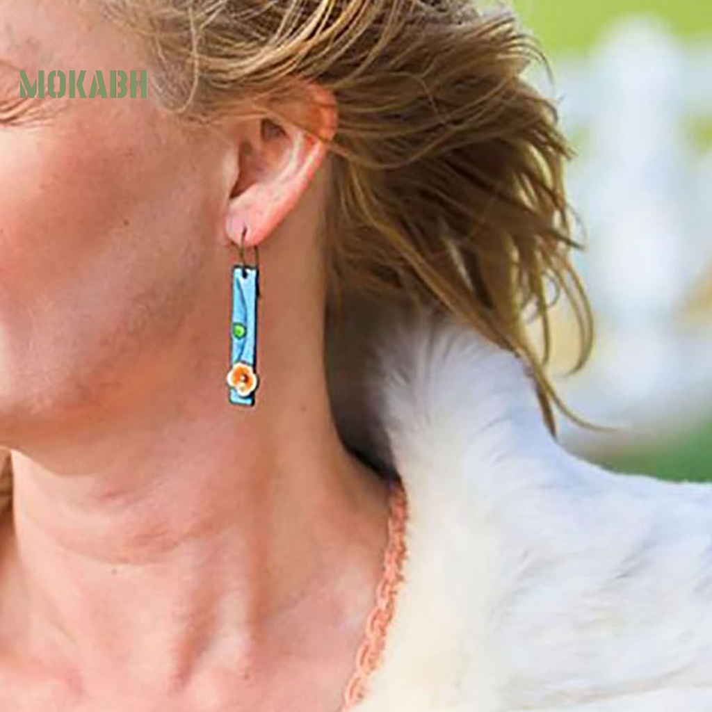 1 Đôi Bông Tai Hình Chữ Nhật Họa Tiết Hoa Màu Xanh Theo Phong Cách Bohemian