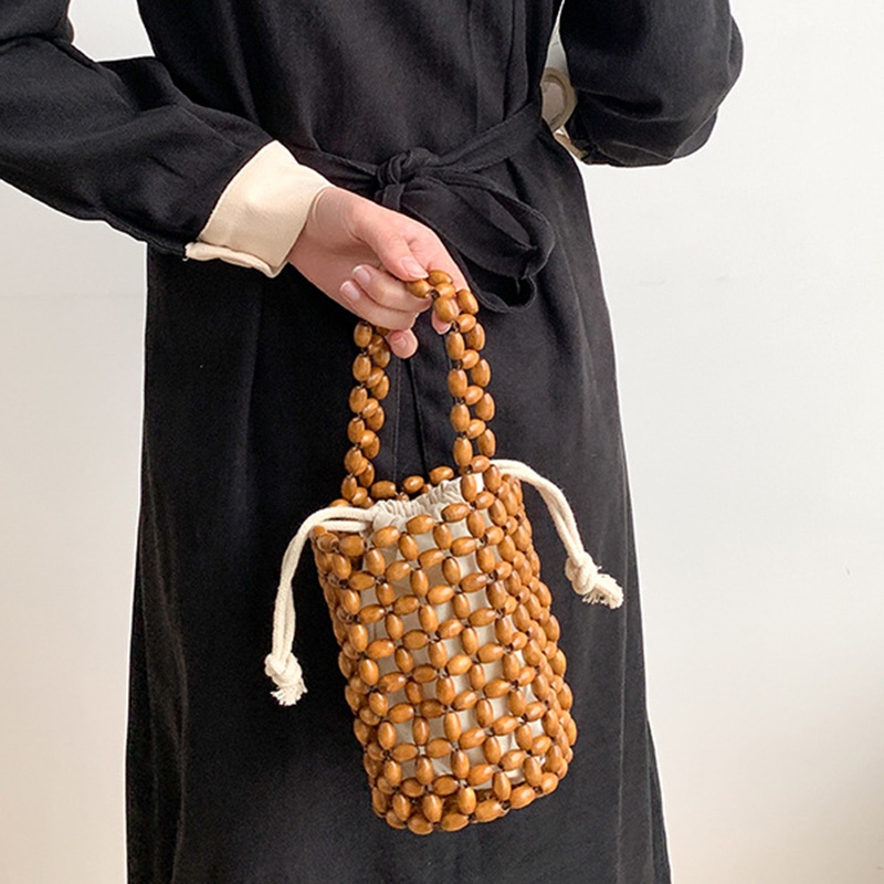 Ielgy Túi bucket Dây Rút Xỏ Hạt Gỗ Thủ Công Nhỏ Gọn Thời Trang niche Dành Cho Bạn Nữ