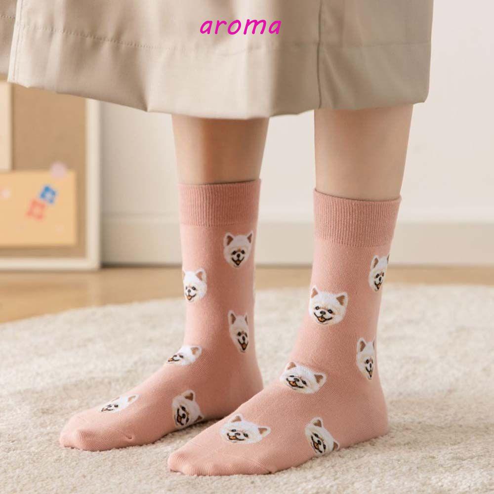 Aroma Vớ Cotton Cổ Trung Họa Tiết Chó Pomeranian Phong Cách Đại Học Nhật Bản Ins Sáng Tạo Cho Nữ