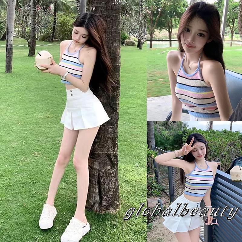 Áo Croptop Dệt Kim Không Tay Họa Tiết Kẻ Sọc Thời Trang Mùa Hè Cho Nữ